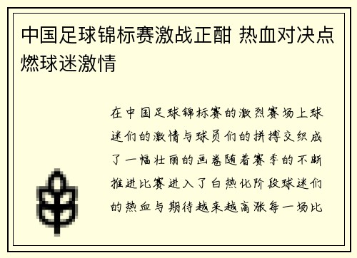 中国足球锦标赛激战正酣 热血对决点燃球迷激情