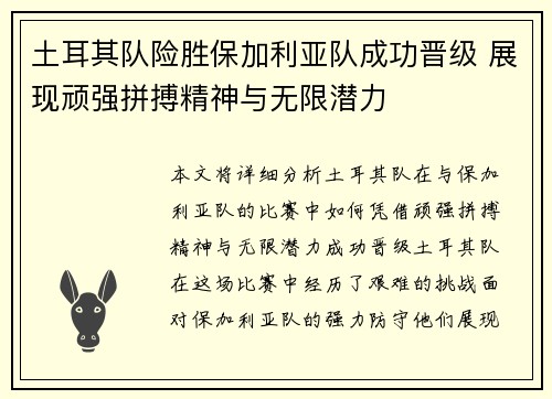 土耳其队险胜保加利亚队成功晋级 展现顽强拼搏精神与无限潜力