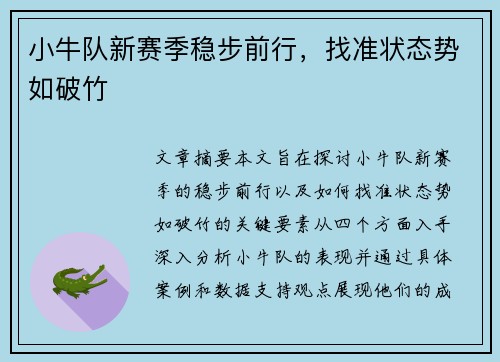 小牛队新赛季稳步前行，找准状态势如破竹