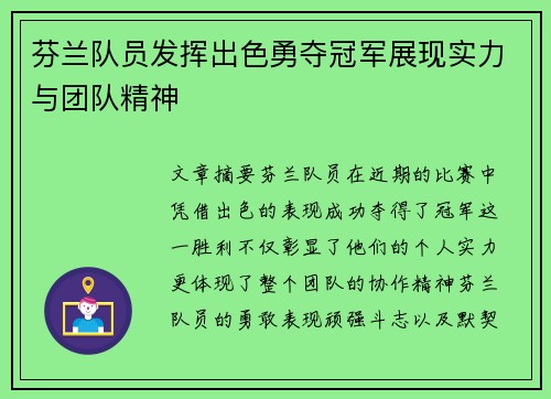 芬兰队员发挥出色勇夺冠军展现实力与团队精神