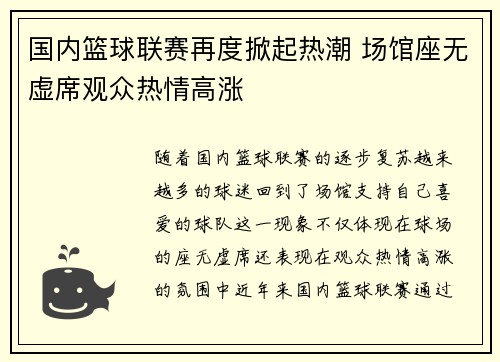 国内篮球联赛再度掀起热潮 场馆座无虚席观众热情高涨