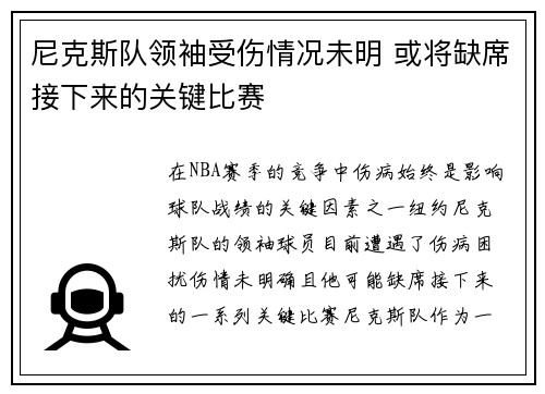 尼克斯队领袖受伤情况未明 或将缺席接下来的关键比赛