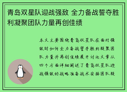 青岛双星队迎战强敌 全力备战誓夺胜利凝聚团队力量再创佳绩
