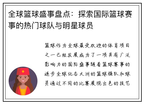全球篮球盛事盘点：探索国际篮球赛事的热门球队与明星球员
