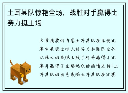 土耳其队惊艳全场，战胜对手赢得比赛力挺主场