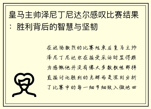 皇马主帅泽尼丁尼达尔感叹比赛结果：胜利背后的智慧与坚韧
