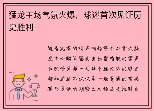 猛龙主场气氛火爆，球迷首次见证历史胜利