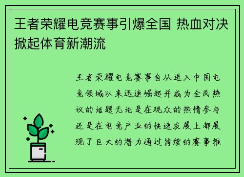 王者荣耀电竞赛事引爆全国 热血对决掀起体育新潮流