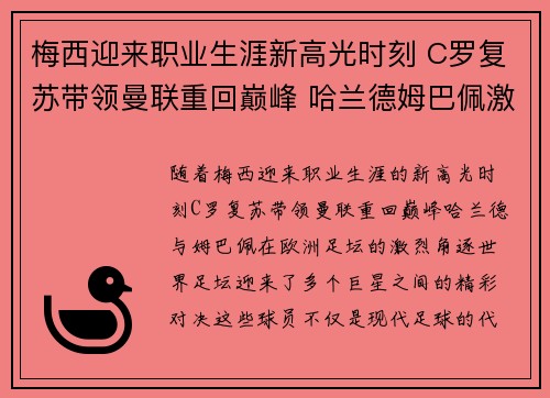 梅西迎来职业生涯新高光时刻 C罗复苏带领曼联重回巅峰 哈兰德姆巴佩激战欧洲足坛