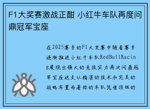 F1大奖赛激战正酣 小红牛车队再度问鼎冠军宝座